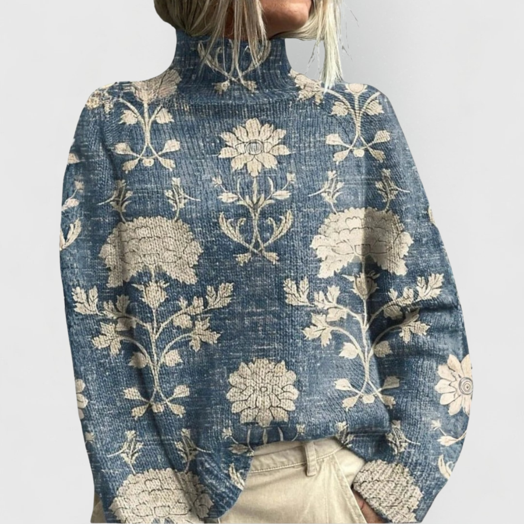 Comfortable Floral Print Sweater for Women with High Neck Long Sleeve Relaxed Oversized Knit Style