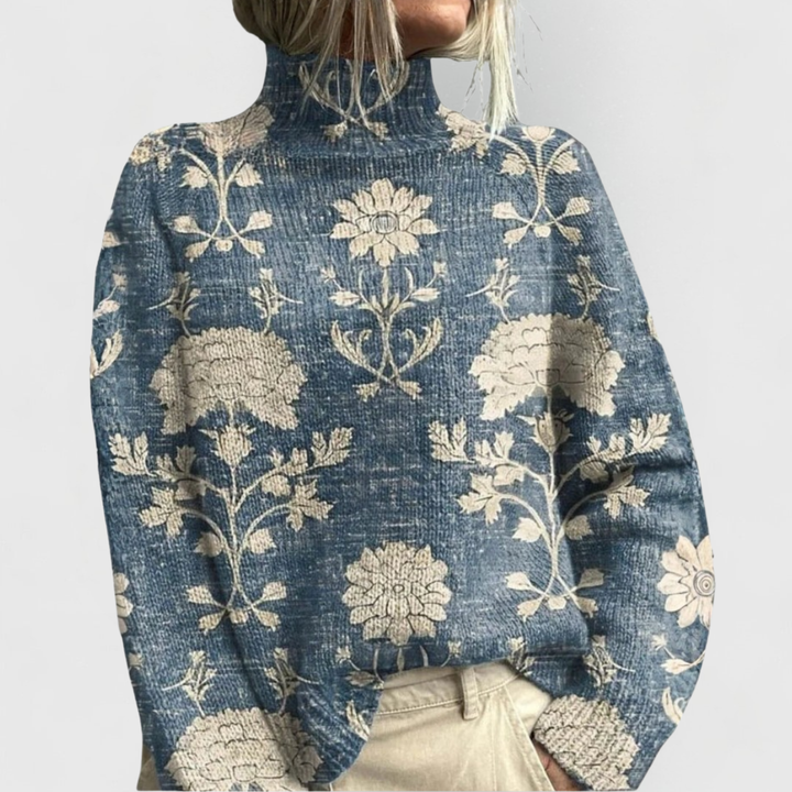 Comfortable Floral Print Sweater for Women with High Neck Long Sleeve Relaxed Oversized Knit Style