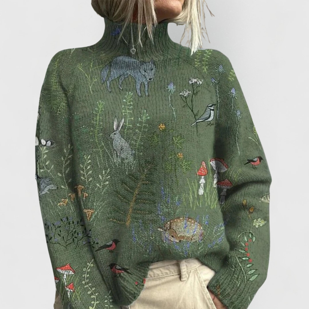Comfortable Floral Print Sweater for Women with High Neck Long Sleeve Relaxed Oversized Knit Style
