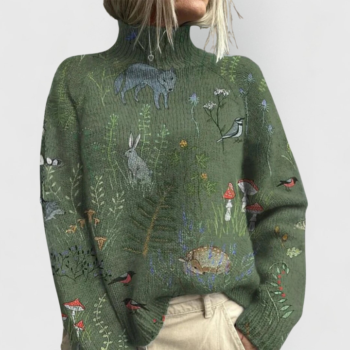 Comfortable Floral Print Sweater for Women with High Neck Long Sleeve Relaxed Oversized Knit Style