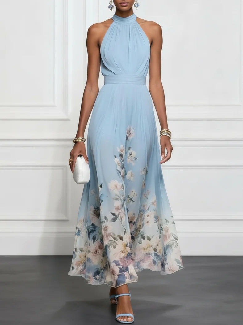 Elegant Blue Floral Maxi Dress for Women with Halter Neck Sleeveless Bow Back Flowing Wedding Guest Style
