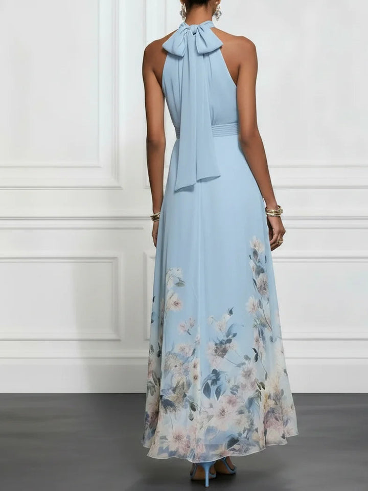 Elegant Blue Floral Maxi Dress for Women with Halter Neck Sleeveless Bow Back Flowing Wedding Guest Style