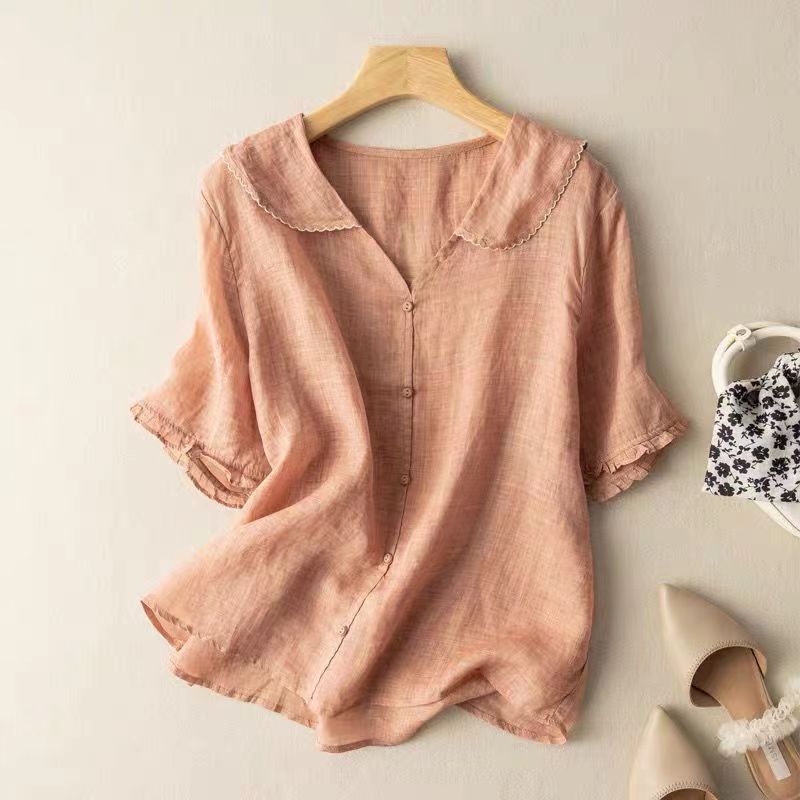 Effortless Linen Blouse for Women with Peter Pan Collar Short Sleeve Ruffle Button Front Relaxed Style