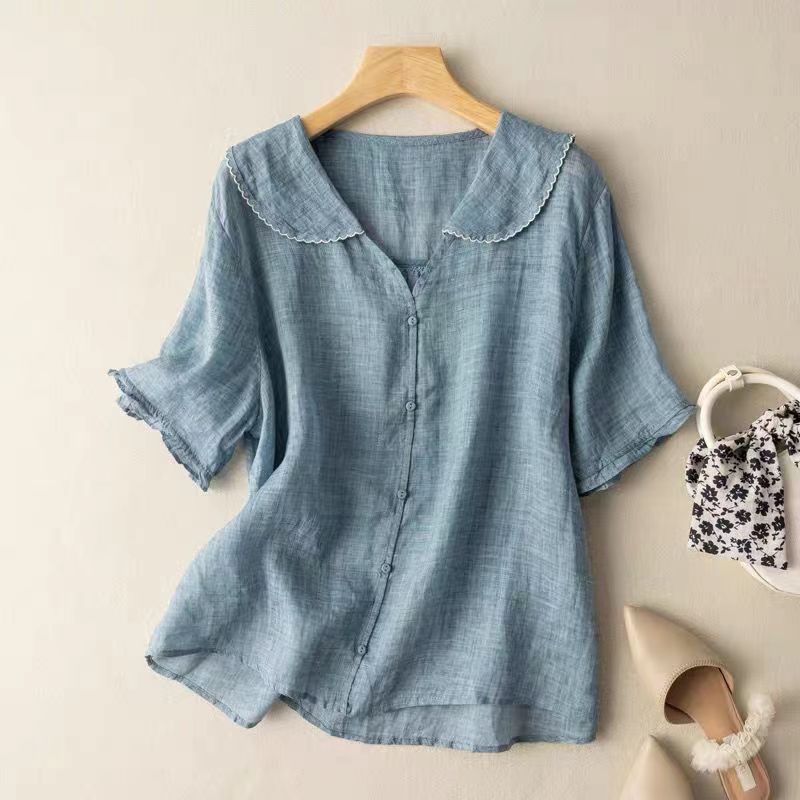 Effortless Linen Blouse for Women with Peter Pan Collar Short Sleeve Ruffle Button Front Relaxed Style