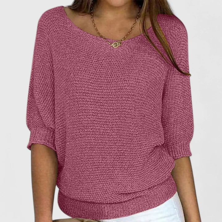 Comfortable Waffle Knit Sweater for Women with Boat Neck Batwing Sleeve Ribbed Hem Oversized Style