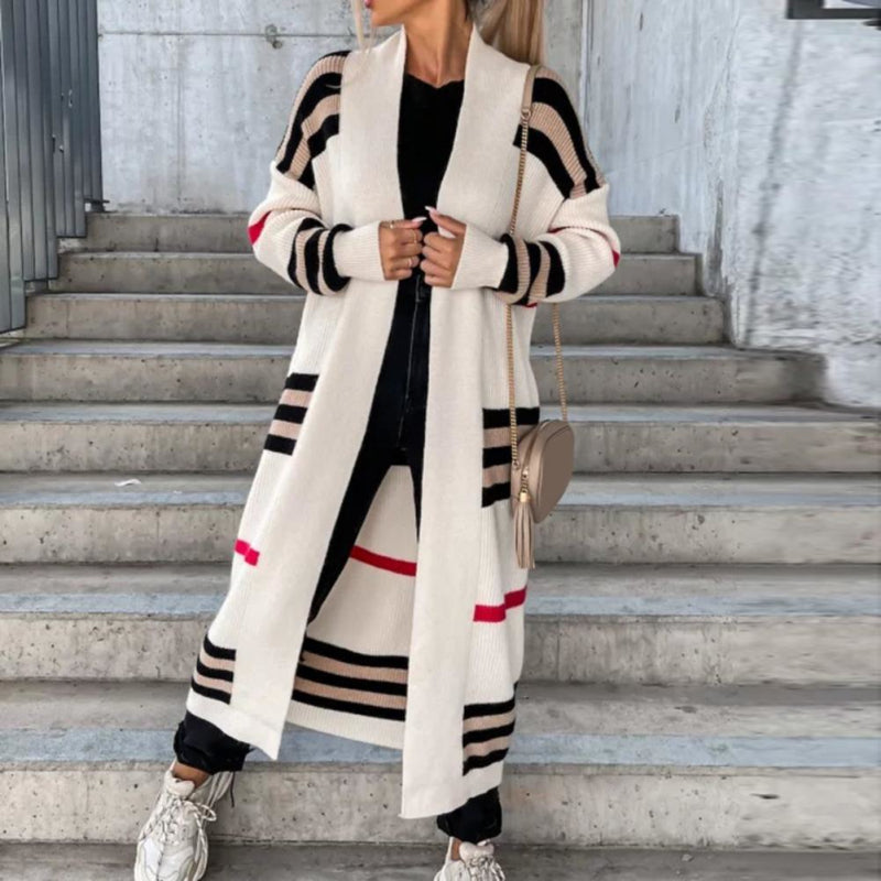 Comfortable Striped Cardigan Sweater for Women with Open Front Long Sleeve Oversized Knit Style