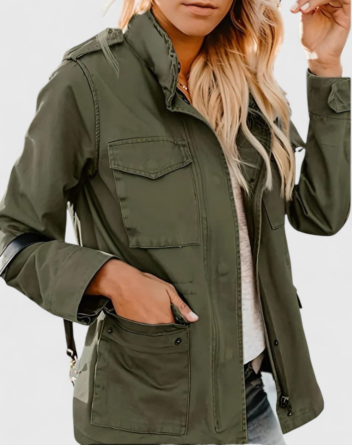 Effortless Cotton Utility Jacket for Women with Snap Collar Long Sleeve Cargo Pocket Casual Style