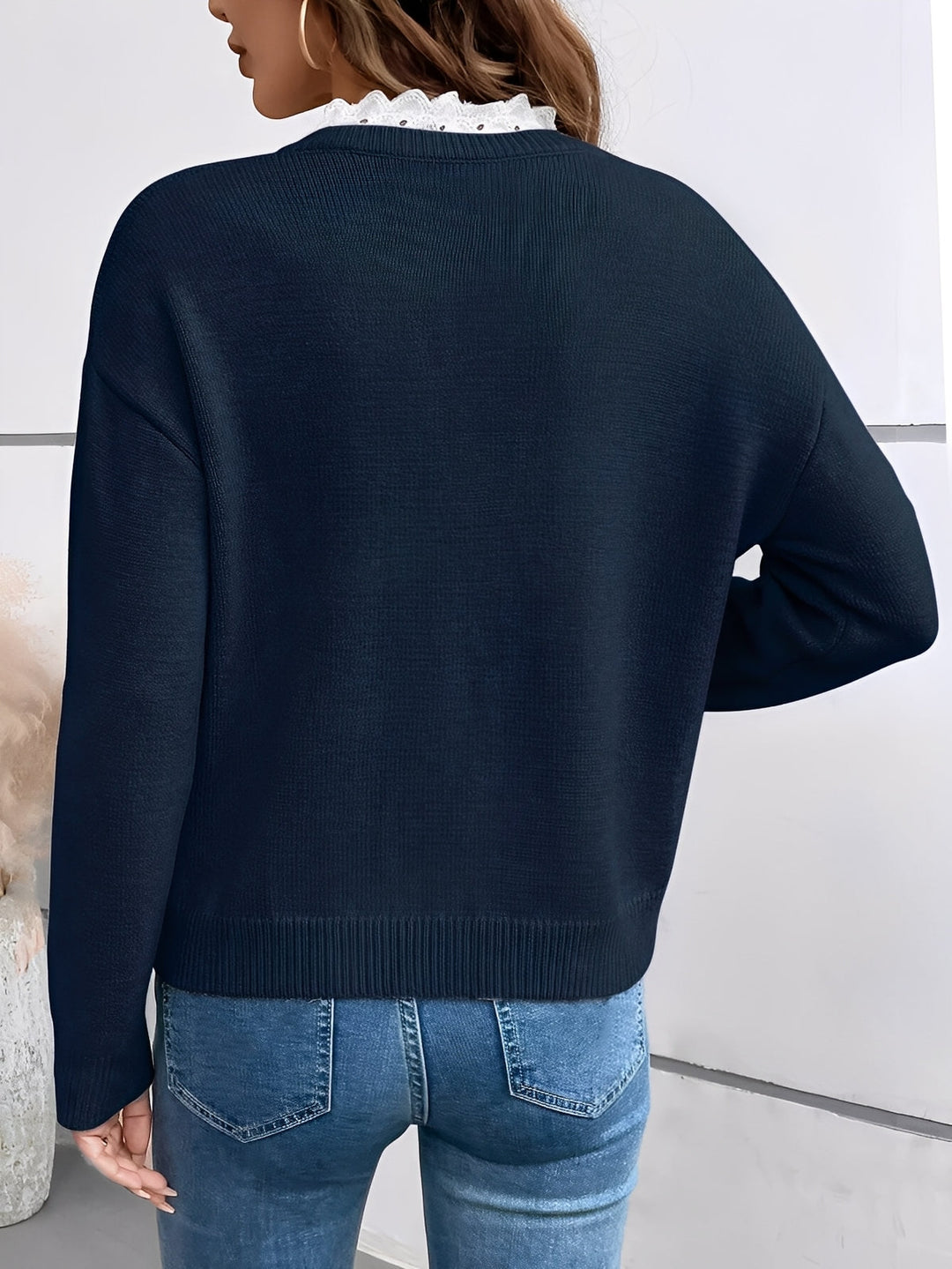 Comfortable Lace Trim Sweater for Women with V Neck Long Sleeve Relaxed Oversized Knit Style