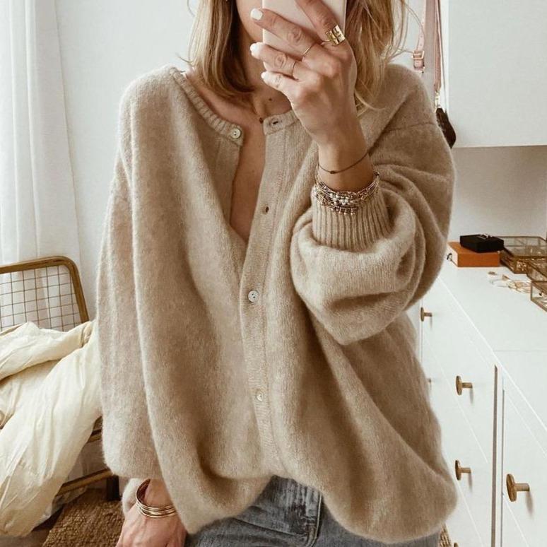 Comfortable Brown Cardigan Sweater for Women with V Neck Long Sleeve Oversized Relaxed Knit Style