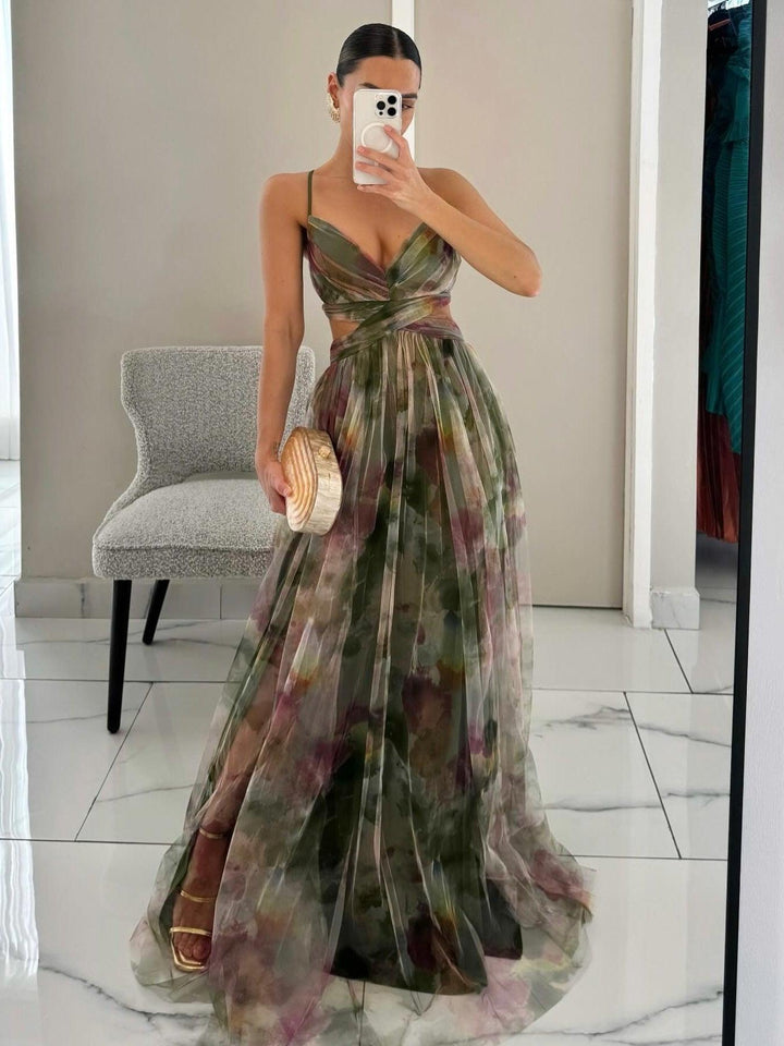 Effortless Watercolor Floral Maxi Dress for Women with V Neck Spaghetti Strap Crisscross Waist High Slit Flowing Style