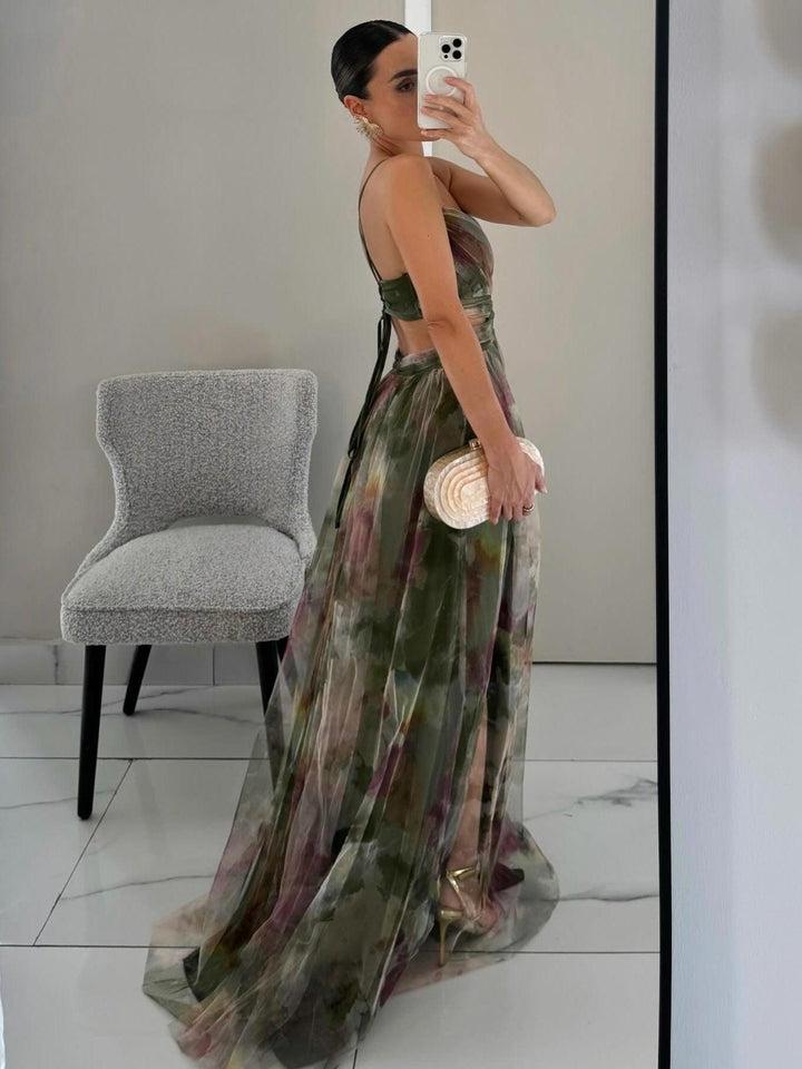 Effortless Watercolor Floral Maxi Dress for Women with V Neck Spaghetti Strap Crisscross Waist High Slit Flowing Style