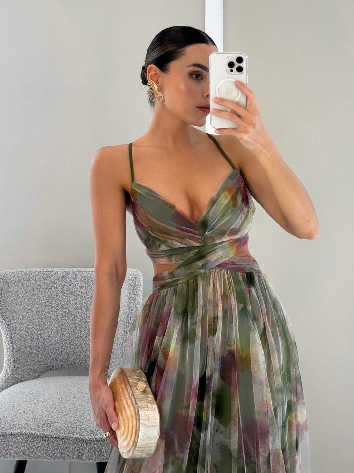 Effortless Watercolor Floral Maxi Dress for Women with V Neck Spaghetti Strap Crisscross Waist High Slit Flowing Style