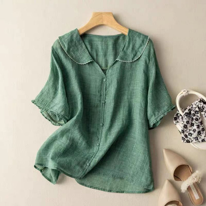 Effortless Linen Blouse for Women with Peter Pan Collar Short Sleeve Ruffle Button Front Relaxed Style