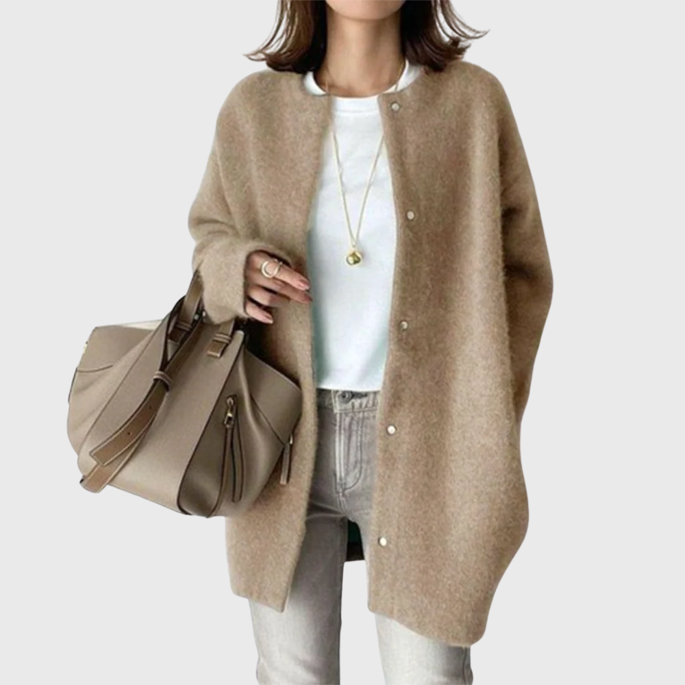 Comfortable Cardigan Sweater for Women with Round Neck Long Sleeve Button Front Relaxed Oversized Knit Style