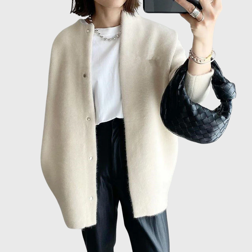 Comfortable Cardigan Sweater for Women with Round Neck Long Sleeve Button Front Relaxed Oversized Knit Style