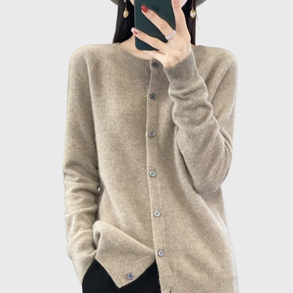 Comfortable Cardigan Sweater for Women with Round Neck Long Sleeve Button Front Relaxed Knit Style