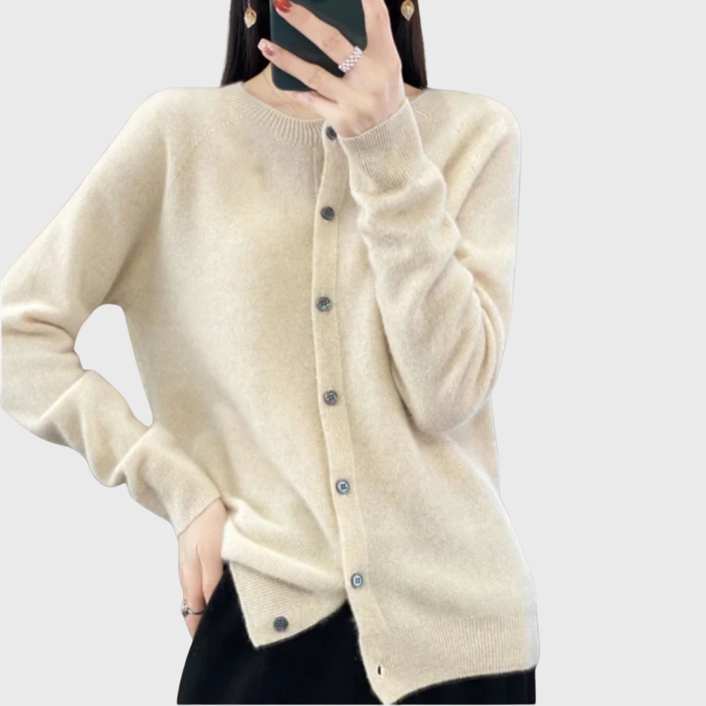 Comfortable Cardigan Sweater for Women with Round Neck Long Sleeve Button Front Relaxed Knit Style