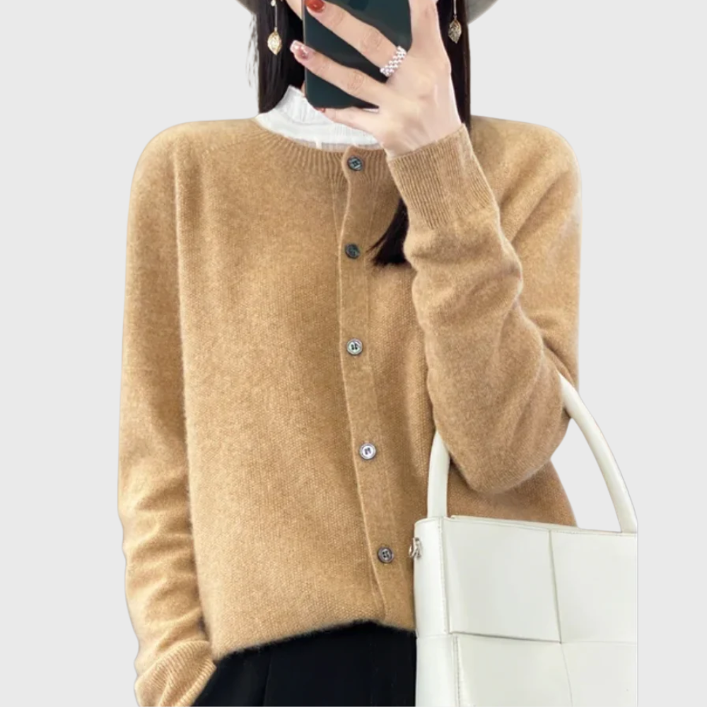 Comfortable Cardigan Sweater for Women with Round Neck Long Sleeve Button Front Relaxed Knit Style