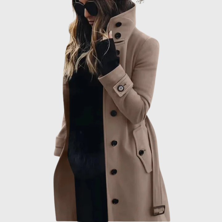 Elegant Wool Coat for Women with Stand Collar Long Sleeve Button Front Belted Tailored Casual Style
