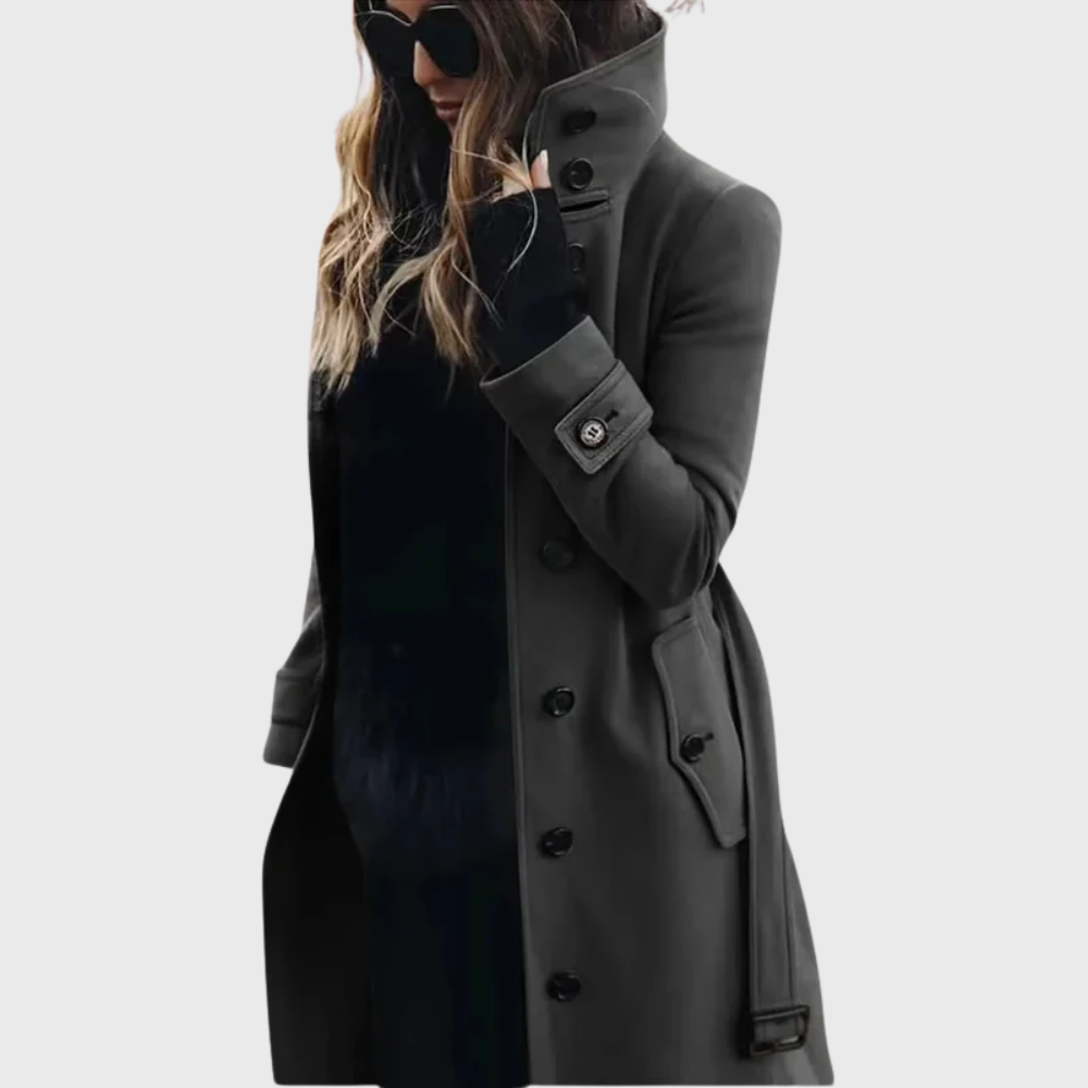 Elegant Wool Coat for Women with Stand Collar Long Sleeve Button Front Belted Tailored Casual Style