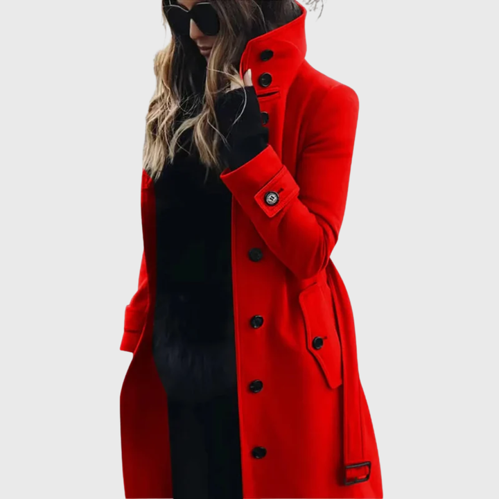 Elegant Wool Coat for Women with Stand Collar Long Sleeve Button Front Belted Tailored Casual Style