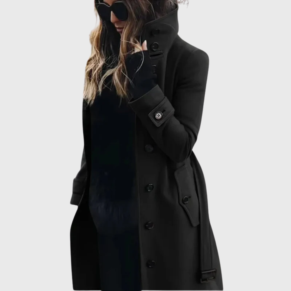 Elegant Wool Coat for Women with Stand Collar Long Sleeve Button Front Belted Tailored Casual Style