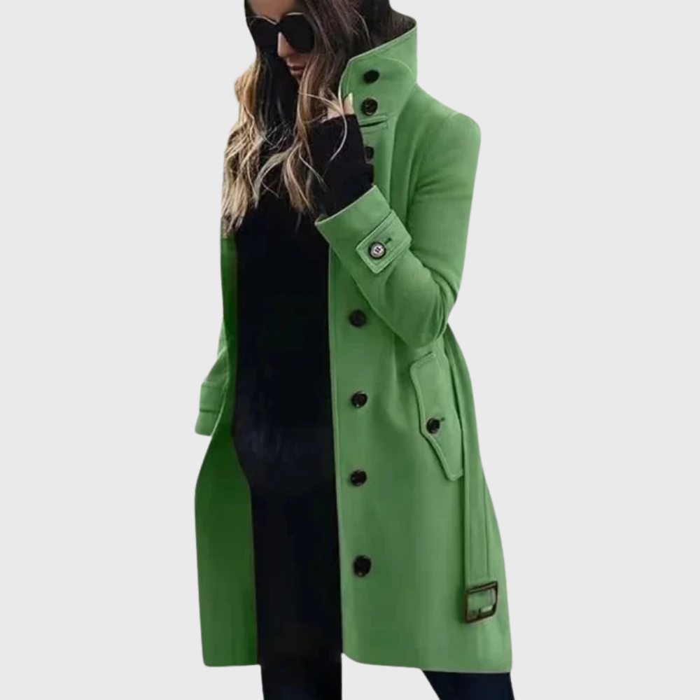 Elegant Wool Coat for Women with Stand Collar Long Sleeve Button Front Belted Tailored Casual Style