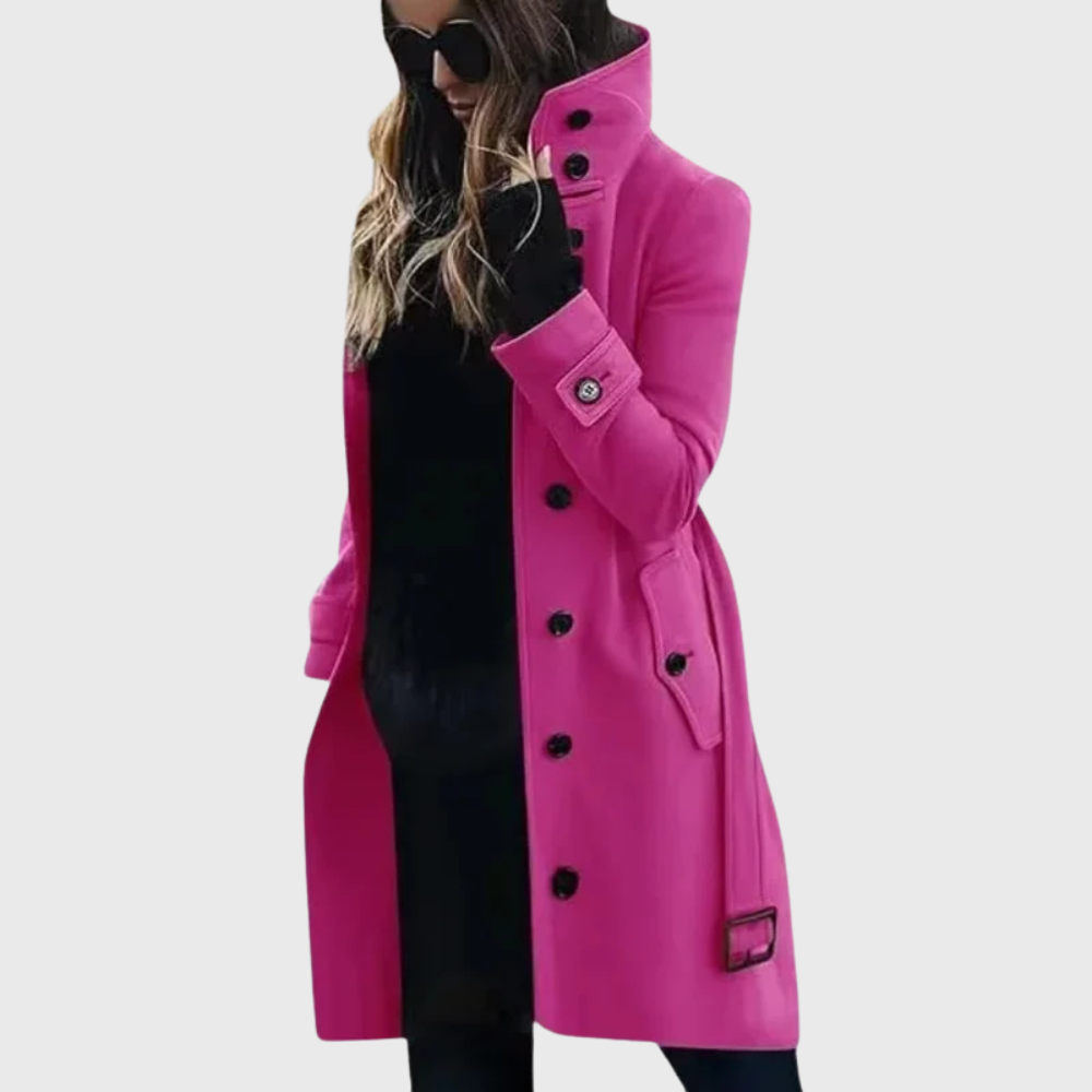 Elegant Wool Coat for Women with Stand Collar Long Sleeve Button Front Belted Tailored Casual Style