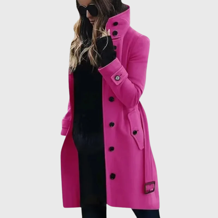 Elegant Wool Coat for Women with Stand Collar Long Sleeve Button Front Belted Tailored Casual Style
