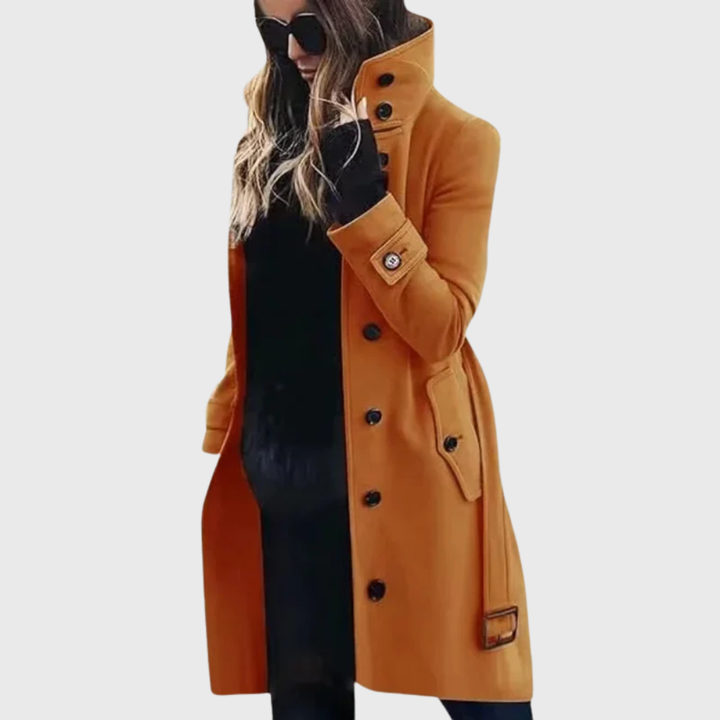 Elegant Wool Coat for Women with Stand Collar Long Sleeve Button Front Belted Tailored Casual Style