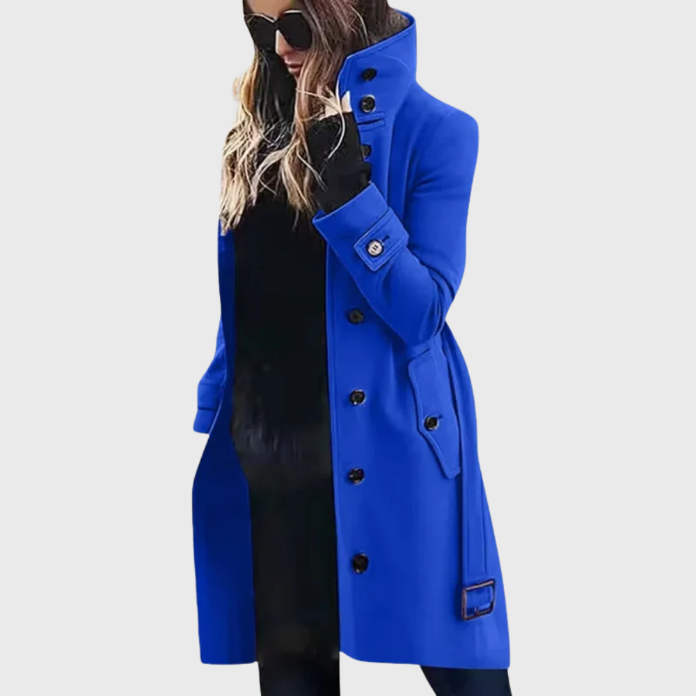 Elegant Wool Coat for Women with Stand Collar Long Sleeve Button Front Belted Tailored Casual Style