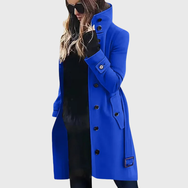 Elegant Wool Coat for Women with Stand Collar Long Sleeve Button Front Belted Tailored Casual Style