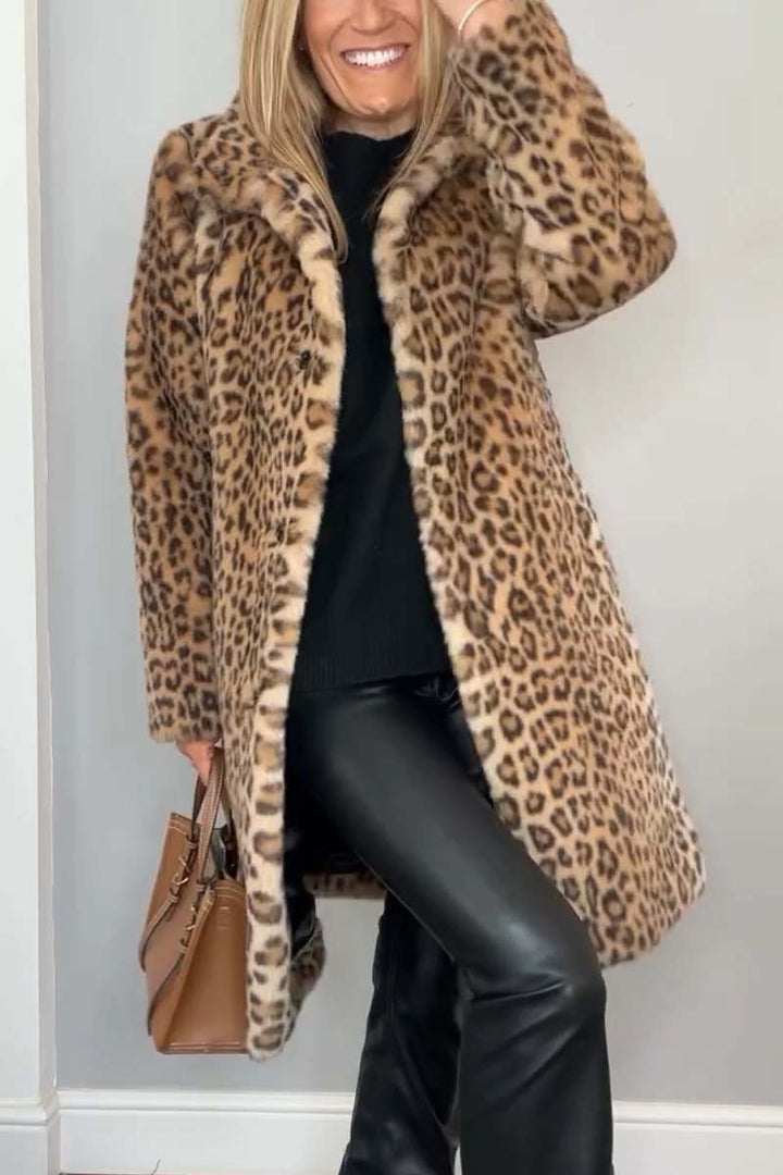 Elegant Leopard Print Faux Fur Coat for Women with Notch Collar Long Sleeve Open Front Casual Style