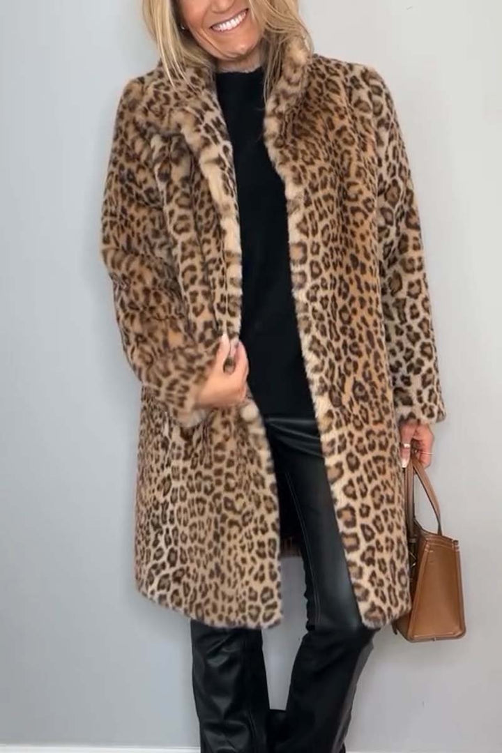 Elegant Leopard Print Faux Fur Coat for Women with Notch Collar Long Sleeve Open Front Casual Style