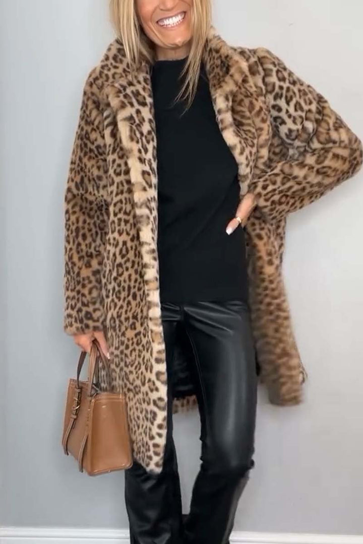 Elegant Leopard Print Faux Fur Coat for Women with Notch Collar Long Sleeve Open Front Casual Style