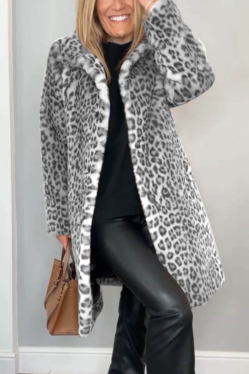 Elegant Leopard Print Faux Fur Coat for Women with Notch Collar Long Sleeve Open Front Casual Style