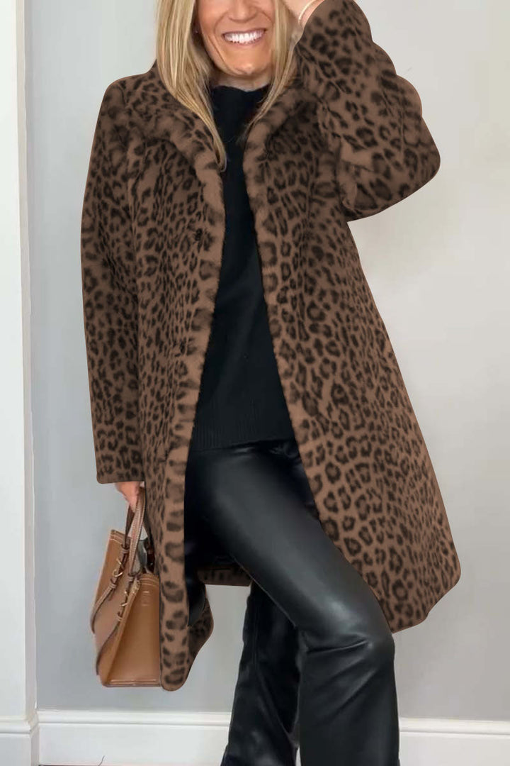 Elegant Leopard Print Faux Fur Coat for Women with Notch Collar Long Sleeve Open Front Casual Style