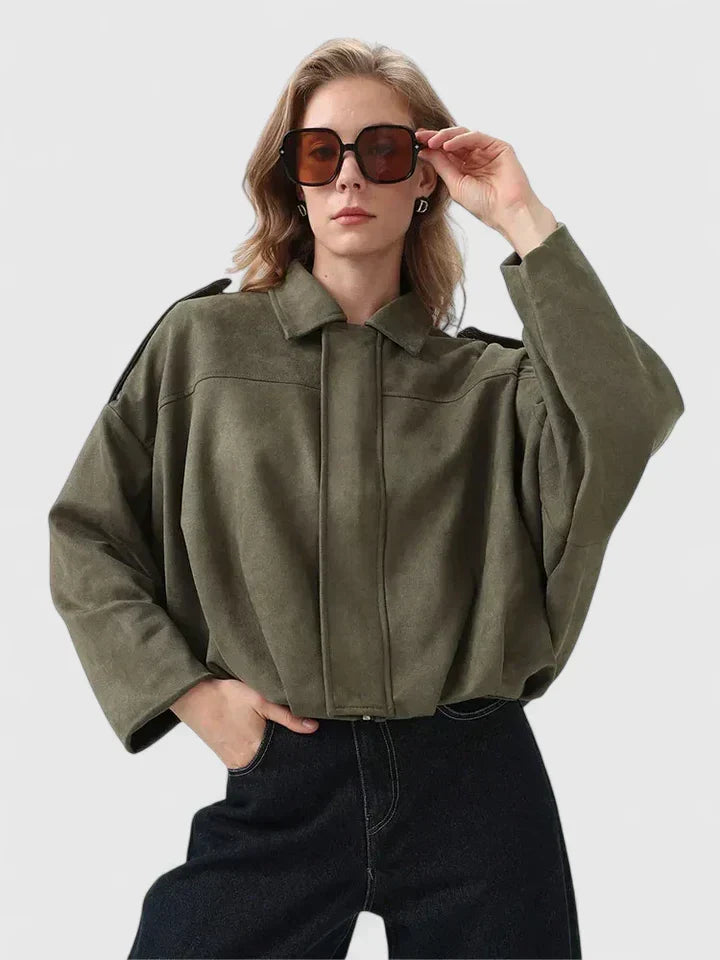 Effortless Suede Cropped Jacket for Women with Collar Long Sleeve Bubble Hem Oversized Relaxed Style
