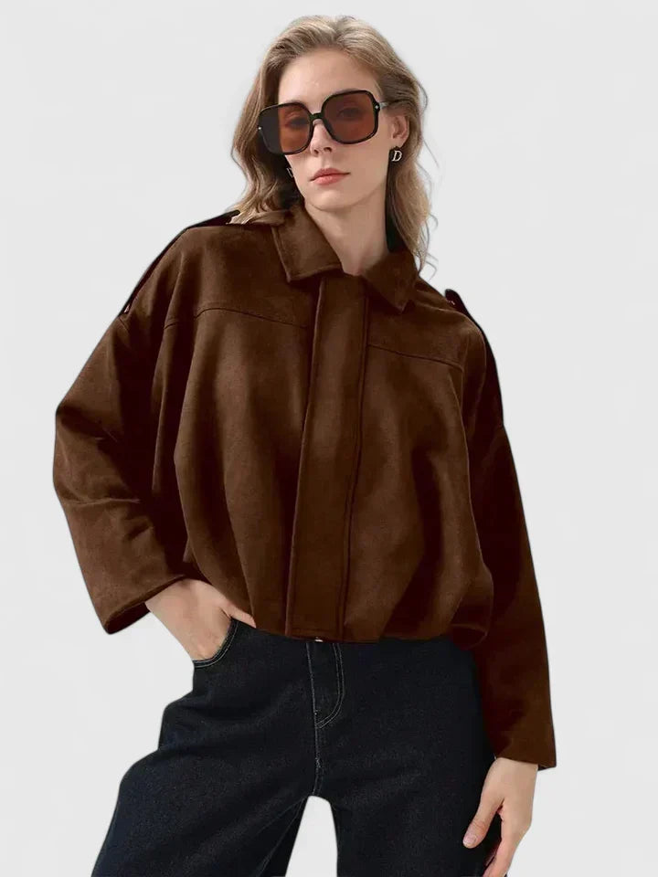 Effortless Suede Cropped Jacket for Women with Collar Long Sleeve Bubble Hem Oversized Relaxed Style