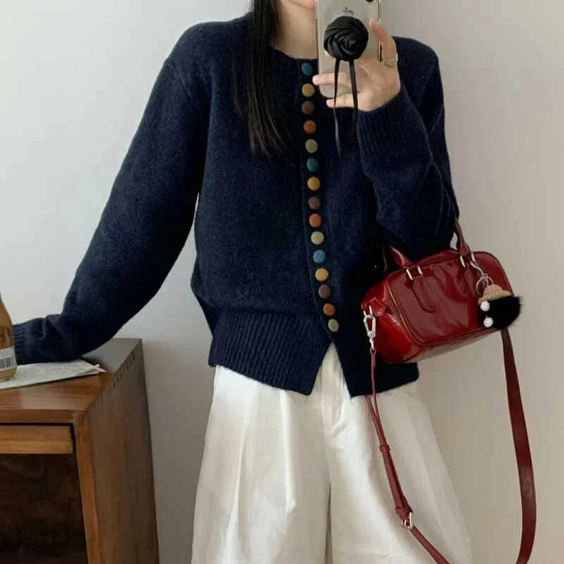 Comfortable Cardigan Sweater for Women with Round Neck Long Sleeve Button Front Relaxed Oversized Knit Style