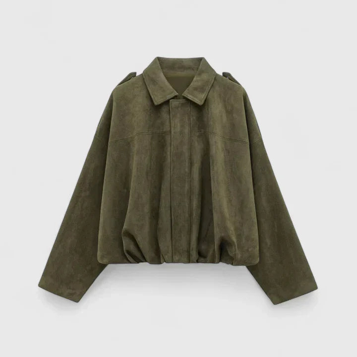 Effortless Suede Cropped Jacket for Women with Collar Long Sleeve Bubble Hem Oversized Relaxed Style