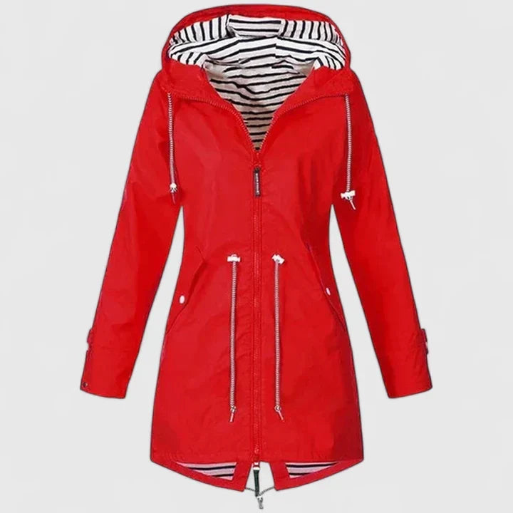 Effortless Striped Lined Rain Jacket for Women with Hooded Long Sleeve Zip Front Relaxed Style