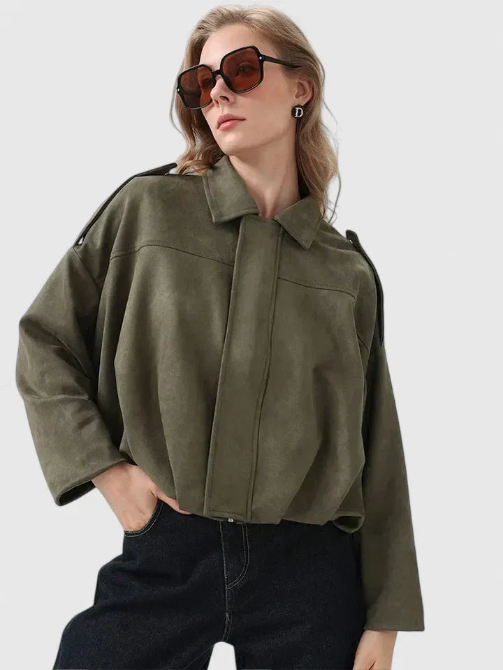 Effortless Suede Cropped Jacket for Women with Collar Long Sleeve Bubble Hem Oversized Relaxed Style