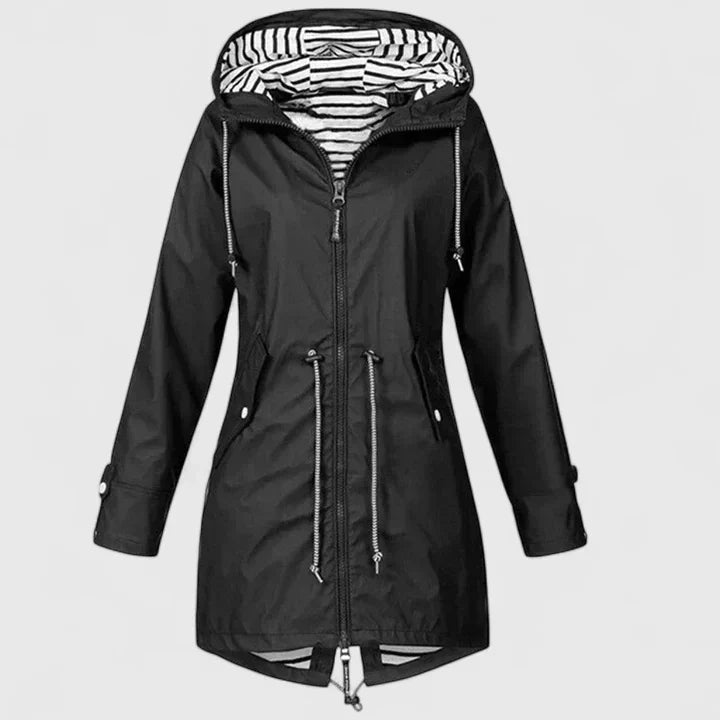 Effortless Striped Lined Rain Jacket for Women with Hooded Long Sleeve Zip Front Relaxed Style