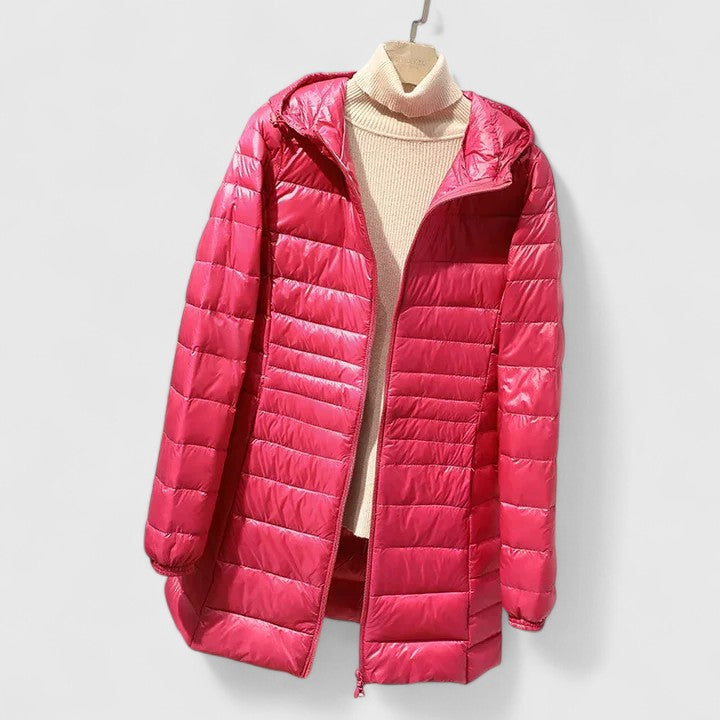 Effortless Quilted Puffer Jacket for Women with Hooded Long Sleeve Lightweight Longline Casual Style