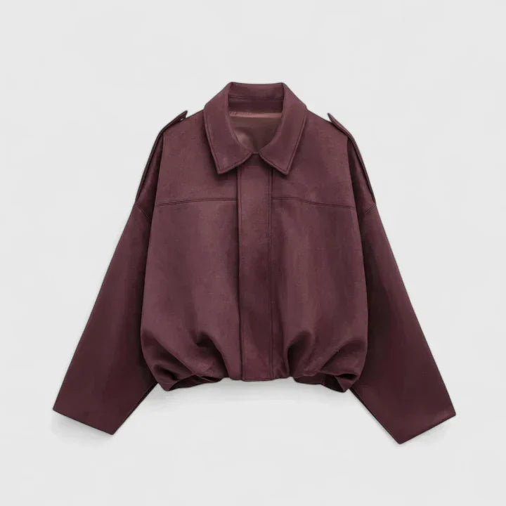 Effortless Suede Cropped Jacket for Women with Collar Long Sleeve Bubble Hem Oversized Relaxed Style