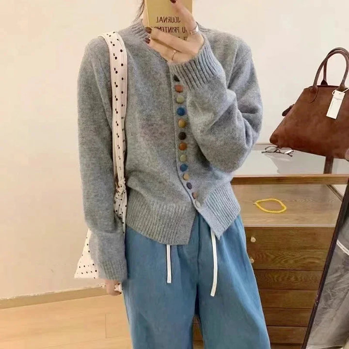 Comfortable Cardigan Sweater for Women with Round Neck Long Sleeve Button Front Relaxed Oversized Knit Style