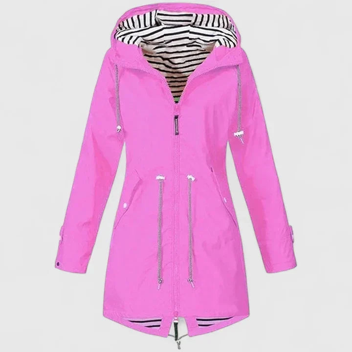 Effortless Striped Lined Rain Jacket for Women with Hooded Long Sleeve Zip Front Relaxed Style