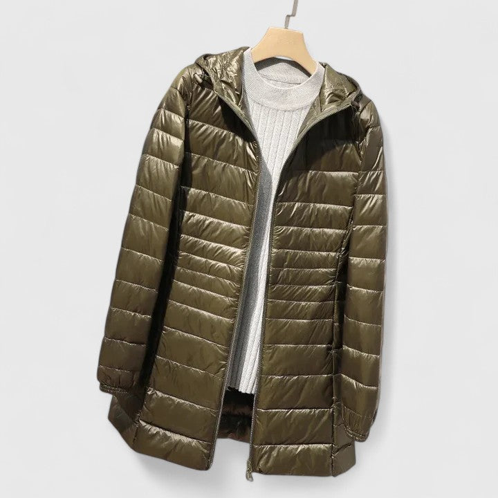 Effortless Quilted Puffer Jacket for Women with Hooded Long Sleeve Lightweight Longline Casual Style