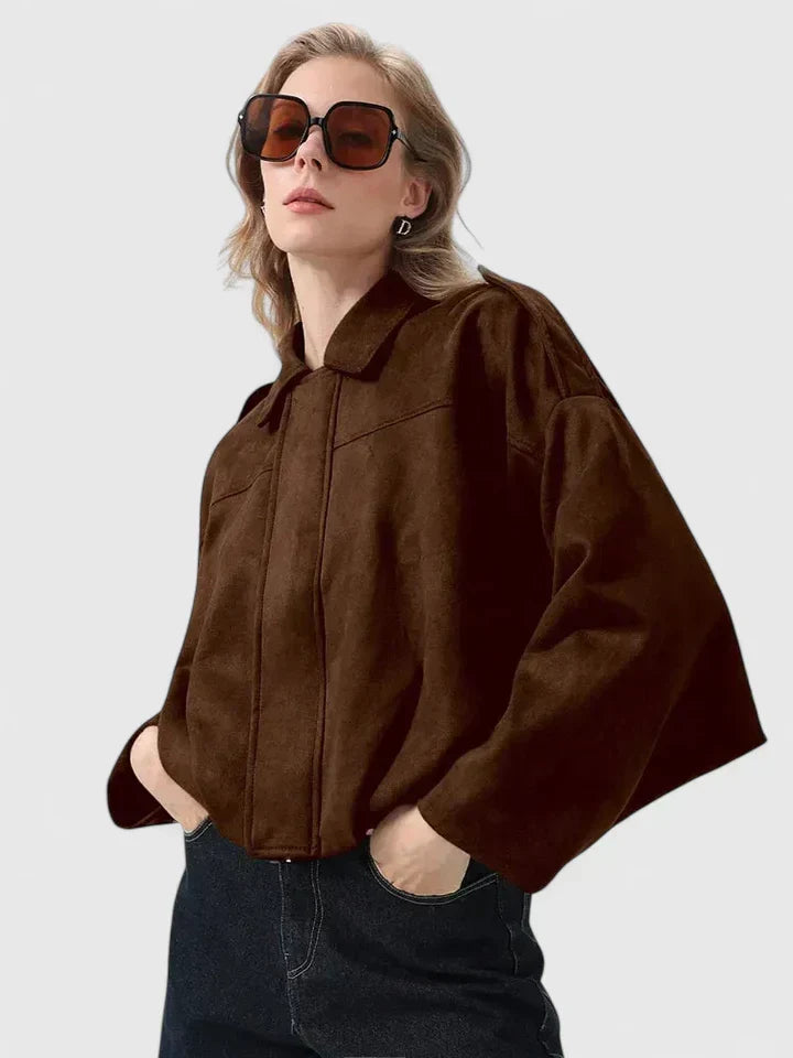 Effortless Suede Cropped Jacket for Women with Collar Long Sleeve Bubble Hem Oversized Relaxed Style